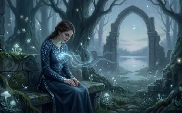 5K Ultra HD PC desktop wallpaper and background: lone woman in moonlit ruins, ethereal light drifting from her hands, mossy stones and arched gateway framing a crescent sky — mood labeled empty inside.