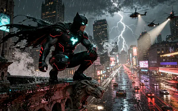 Dark superhero in glowing armored suit crouches on a gargoyle over a rain-soaked neon city, lightning and helicopters overhead — 4K Ultra HD PC desktop wallpaper/background.
