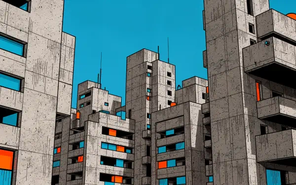Concrete jungle of stacked brutalist towers against a turquoise sky with orange window accents — 4K Ultra HD PC desktop wallpaper and background.