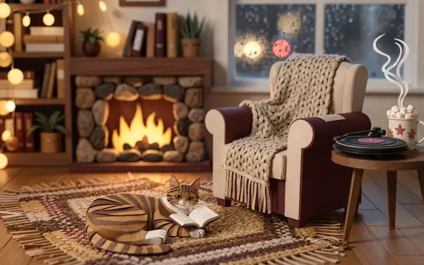 Cozy evening 4K Ultra HD PC Desktop Wallpaper and Background: warm living room with armchair draped in a knit blanket, roaring fireplace, cat on rug, steaming mug.