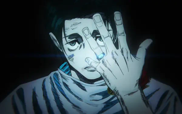 HD PC desktop wallpaper of Yuta Okkotsu (Jujutsu Kaisen), hand partly covering his face as a blue glow lights his fingertip against a dark, moody backdrop.