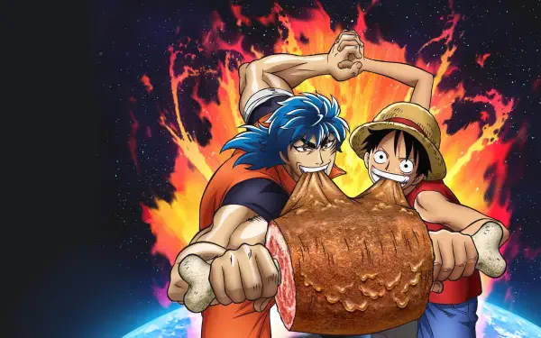 Toriko (Toriko) HD PC desktop wallpaper background: Toriko and Luffy clutch a giant roasted meat with a fiery cosmic explosion behind them.