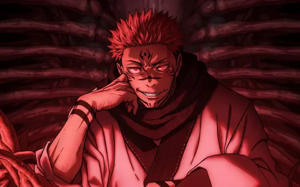 5K Ultra HD PC desktop wallpaper of Sukuna from Jujutsu Kaisen 3rd Season — grinning demon radiating a crimson aura in an anime scene evoking aura farming.