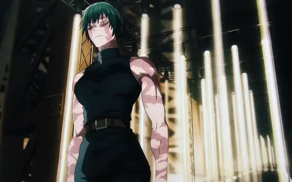 Maki Zenin from Jujutsu Kaisen 3rd Season stands stoic in a dark hall lit by vertical lights; 5K Ultra HD anime girl PC desktop wallpaper/background.