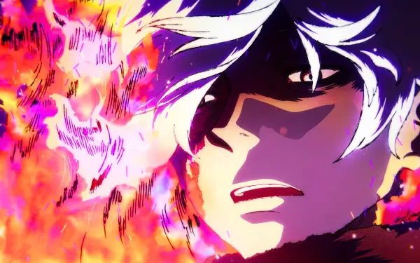 Close-up of Gabimaru (Hell's Paradise) with white hair, face half-lit by roaring flames — vivid anime 5K Ultra HD PC desktop wallpaper/background.