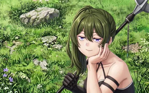 5K Ultra HD PC Desktop Wallpaper and Background: green-haired anime woman with purple eyes lounges in a sunlit grassy meadow, chin on hand, spear propped behind her.