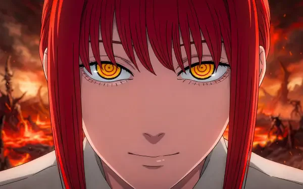 Makima from Chainsaw Man as a devilish anime woman with glowing yellow eyes, red hair and a smirk against a fiery, apocalyptic backdrop — 5K Ultra HD PC desktop wallpaper.