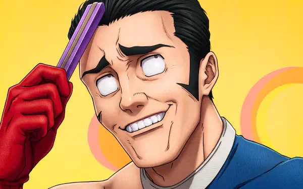 Fumihiko Takaba from Jujutsu Kaisen 3rd Season, goofy grin and glazed eyes while combing his hair — comedic anime portrait, 5K Ultra HD PC desktop wallpaper/background.