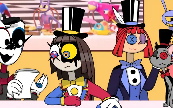 HD PC desktop wallpaper from the TV show The Amazing Digital Circus: three colorful, top‑hatted, stitched‑eyed circus characters at a table with toys scattered in the background.