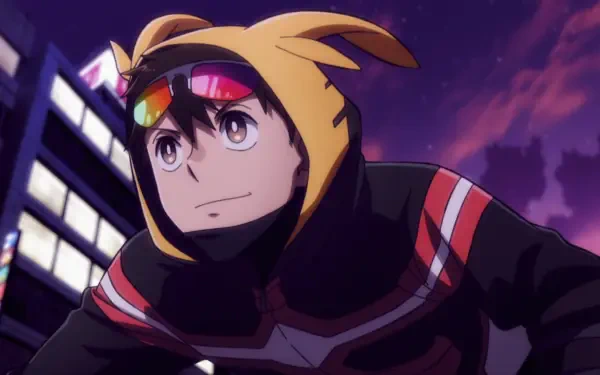 HD PC desktop wallpaper of Koichi Haimawari from My Hero Academia: Vigilantes (My Hero Academia), in a yellow hood with goggles, smiling against a purple night cityscape.