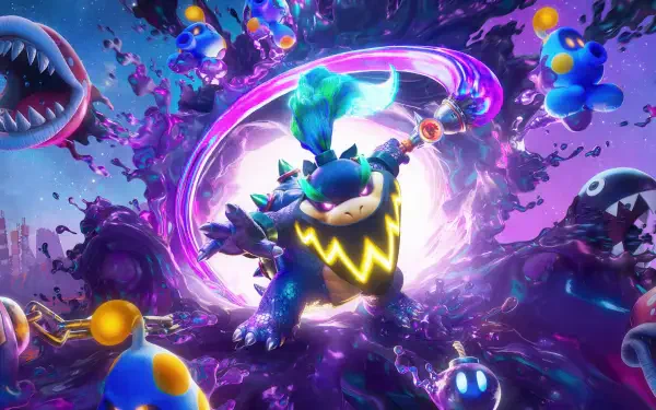 The Super Mario Galaxy Movie 4K Ultra HD PC desktop wallpaper: neon-lit Bowser Jr. charging through a cosmic vortex surrounded by Piranha Plants, Lumas and shadowy mini foes.