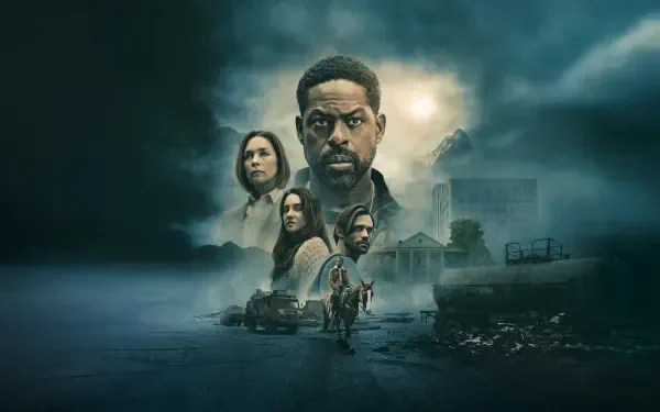 Paradise 4K Ultra HD PC desktop wallpaper: moody seaside at dusk with multiple faces looming above a foggy coastal house, a car and a lone figure walking toward the shore.