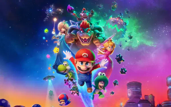 The Super Mario Galaxy Movie 4K Ultra HD PC desktop wallpaper and background: Mario, Luigi, Peach, Yoshi and Bowser soaring through a colorful, starry galaxy with planets and Lumas.