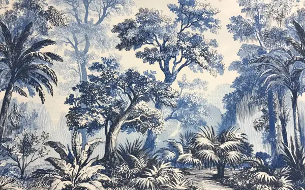 Blue Toile de Jouy jungle scene of palms and trees, Peel-and-Stick wallpaper pattern rendered as a 2K Quad HD PC desktop wallpaper/background.