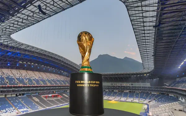 FIFA World Cup 2026 trophy on a pedestal at the center of a modern stadium at dusk — 2K Quad HD PC desktop wallpaper/background capturing World Cup atmosphere