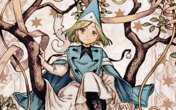 HD PC desktop wallpaper: Coco from Witch Hat Atelier — young witch in a blue cloak and pointed hat seated among stylized trees and stars in detailed anime artwork.