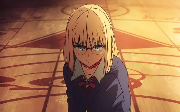 8K Ultra HD anime PC desktop wallpaper: Ayaka Sajyou (Fate/strange Fake, Fate series), blonde with glasses, kneeling on a glowing ritual floor with an intense expression.