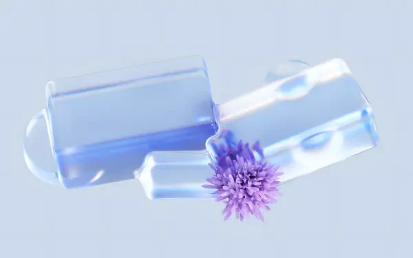 Microsoft Windows 11 4K Ultra HD desktop wallpaper: translucent blue and purple glass-like blocks with a small purple spiky flower on a soft pale background.