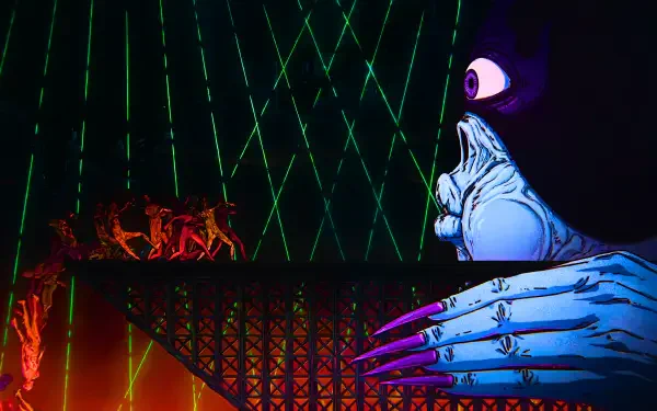 Dorohedoro-inspired anime scene: giant blue monster with a cyclopean eye and clawed hand reaching across a fiery hell bridge beneath crisscrossing green lasers — 5K Ultra HD PC wallpaper/background.