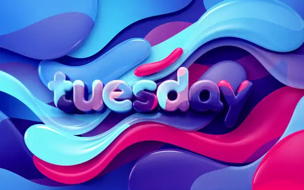 Vibrant 4K Ultra HD PC desktop wallpaper: glossy 3D tuesday lettering atop flowing blue, purple, and pink layered waves and fluid shapes.