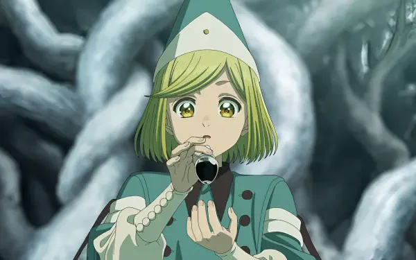 HD PC desktop wallpaper of Coco from Witch Hat Atelier: green‑haired anime witch in teal robes holds a black tube to her mouth, wide‑eyed against twisted gray roots background.