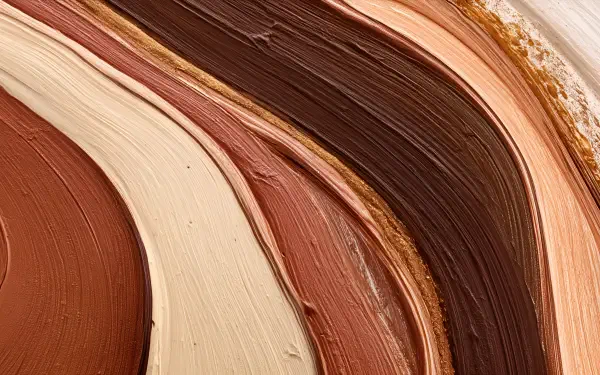 Abstract brown fluid painting of thick, textured curved brushstrokes in warm tans and chocolates — digital art 2K Quad HD PC desktop wallpaper and background.