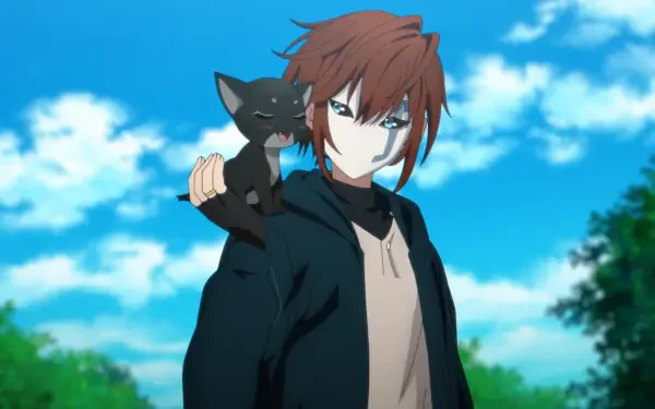 Anime HD PC desktop wallpaper featuring Arthur Leywin from The Beginning After the End, standing beneath a blue sky with a small black cat perched on his shoulder.