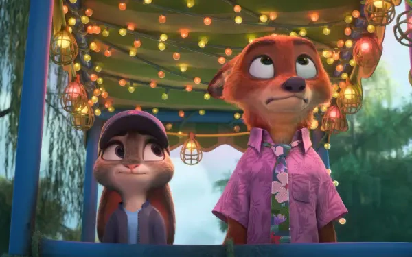 4K Ultra HD PC desktop wallpaper from the movie Zootopia showing Judy Hopps and Nick Wilde beneath string lights with a colorful festival booth backdrop.