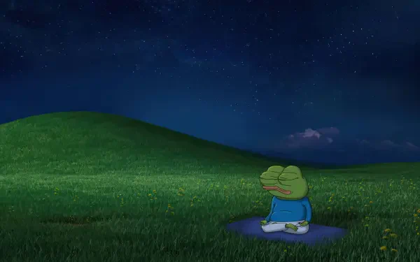 4K Ultra HD PC wallpaper: Pepe the Frog meme meditating on a grassy hill at night under a starry sky.