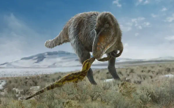 Prehistoric Planet 4K Ultra HD PC desktop wallpaper and background: a shaggy proboscidean uses its trunk to snatch a long reptile across a windswept tundra under a cloudy sky.