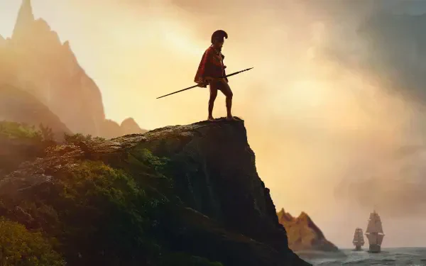 Chief of War silhouetted on a cliff at dawn, spear in hand watching ships below — 4K Ultra HD PC desktop wallpaper and background.