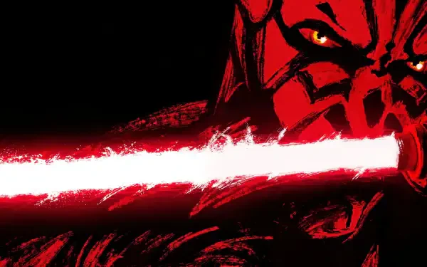 Darth Maul close-up with glowing red double-bladed lightsaber against a stark red-black backdrop — 4K Ultra HD PC desktop wallpaper/background.