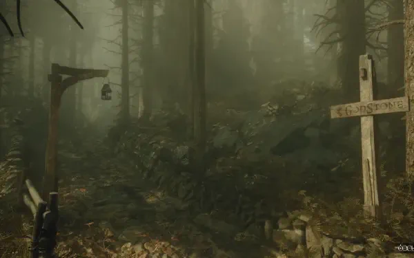 HD PC desktop wallpaper: foggy forest graveyard from the video game The Occultist, with a weathered wooden cross, gallows and a shadowed, mossy path.