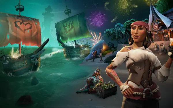Sea of Thieves adventure game 2K Quad HD PC wallpaper background: female pirate in foreground, crew and treasure on tropical shore, ghostly ships and colorful fireworks over a moonlit sea.