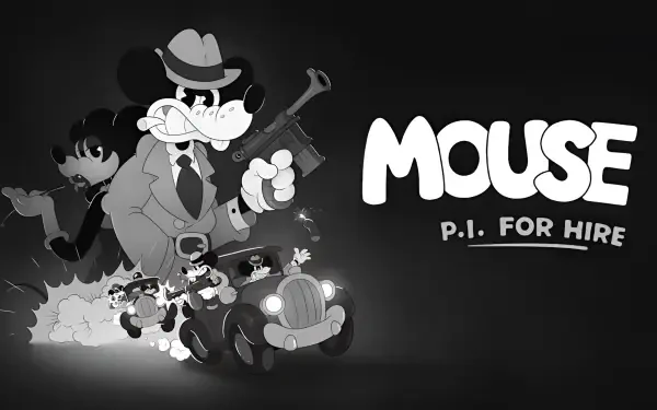 HD PC desktop wallpaper of the video game Mouse: P.I. For Hire — noir-style mouse detective in a hat and trench coat with gangsters, a vintage car and the game logo on a dark background.