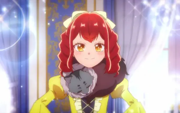 HD PC wallpaper of anime character Bertia Ibil Noches from An Observation Log of My Fiancée Who Calls Herself a Villainess — red‑haired girl in a yellow dress holding a gray cat, smiling regally.