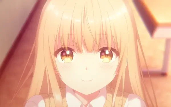 HD PC desktop wallpaper of Mahiru Shiina from the anime The Angel Next Door Spoils Me Rotten — close-up, warm-lit portrait with a gentle smile.