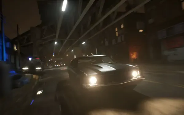 4K Ultra HD PC desktop wallpaper from video game Samson (2026): nighttime high-speed car chase under an overpass, headlights blazing and motion blur.