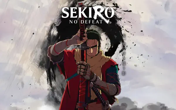 Sekiro: No Defeat 8K Ultra HD PC desktop wallpaper — lone warrior in red gripping a sword before a black ink halo and misty, cloudy background.