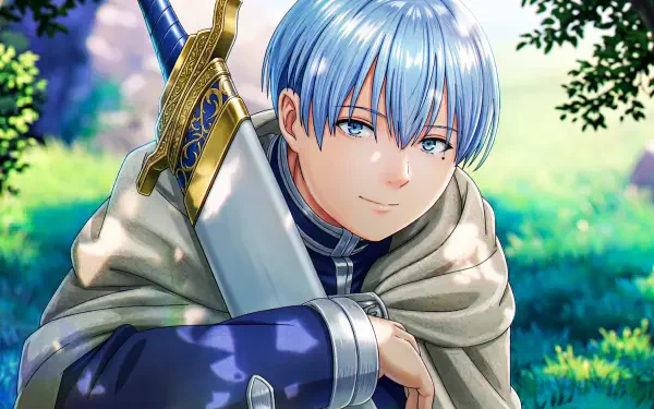 Himmel from Frieren: Beyond Journey's End — blue-haired anime hero leaning on his sword in a sunlit forest; 5K Ultra HD PC desktop wallpaper.