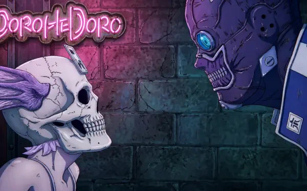 Dark fantasy grunge 5K Ultra HD PC wallpaper: acid-punk anime girl Ebisu (Dorohedoro) faces Noi (Dorohedoro) in a neon-bricked alley, skull mask, purple helmet and Dorohedoro logo.