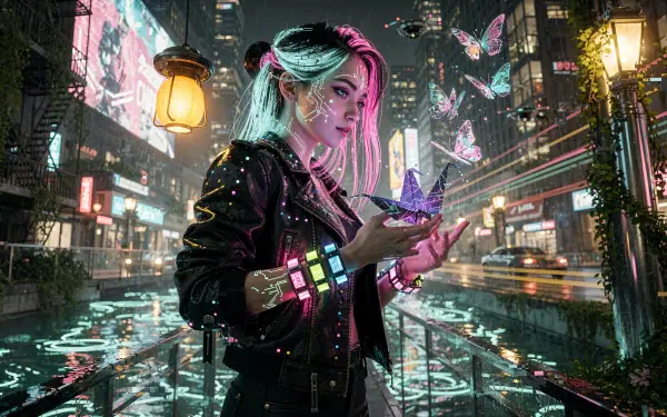 Neon girl with pink and teal hair holds glowing butterflies in a rainy cyberpunk city; LED bracelets and wet reflections — 4K Ultra HD PC Desktop Wallpaper and Background.