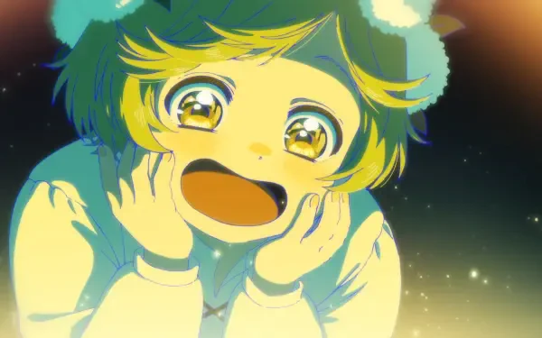 HD PC desktop wallpaper of Coco from Witch Hat Atelier: anime close-up with sparkling wide eyes and a joyful smile against a glowing, starry night background.