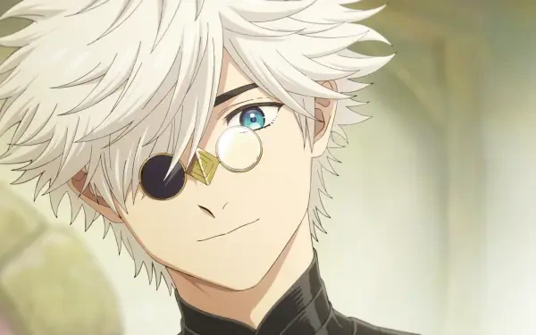 HD anime desktop wallpaper of Qifrey (Witch Hat Atelier): close-up of a white-haired mage with an eyepatch and monocle, gentle smile and bright blue eye against a soft, warm background.