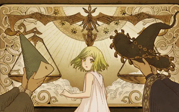 Anime HD PC desktop wallpaper: Witch Hat Atelier's Coco at center of an ornate tapestry-like mural, flanked by robed witch-hat figures holding balancing scales.
