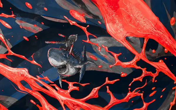 Chainsaw Man splash art: Denji and Beam amid red, blood-like splashes on a dark sea backdrop — 5K Ultra HD anime PC wallpaper.