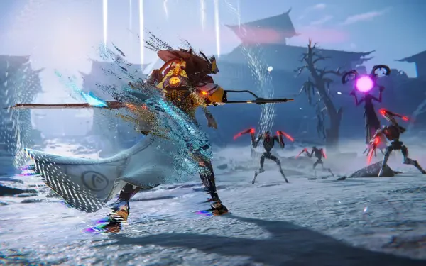 HD PC desktop wallpaper: hack-and-slash, morbid metal rogue-like sci-fi battle — samurai mecha lunges with energy blade against shadowy robotic foes in icy, ruined temple battlefield.