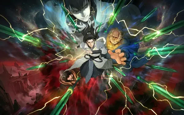 HD PC desktop wallpaper of Han Li from the Chinese novel A Record of a Mortal's Journey to Immortality, soaring through a stormy sky with lightning and swirling mystical allies.