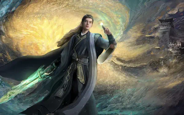 HD PC wallpaper of Han Li from the Chinese novel A Record of a Mortal's Journey to Immortality: robed cultivator with glowing sword before a swirling golden portal and mountain temple.