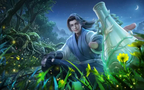 HD PC wallpaper of Han Li from the TV show A Record of a Mortal's Journey to Immortality, kneeling in a moonlit forest and offering a glowing potion bottle amid luminous plants.